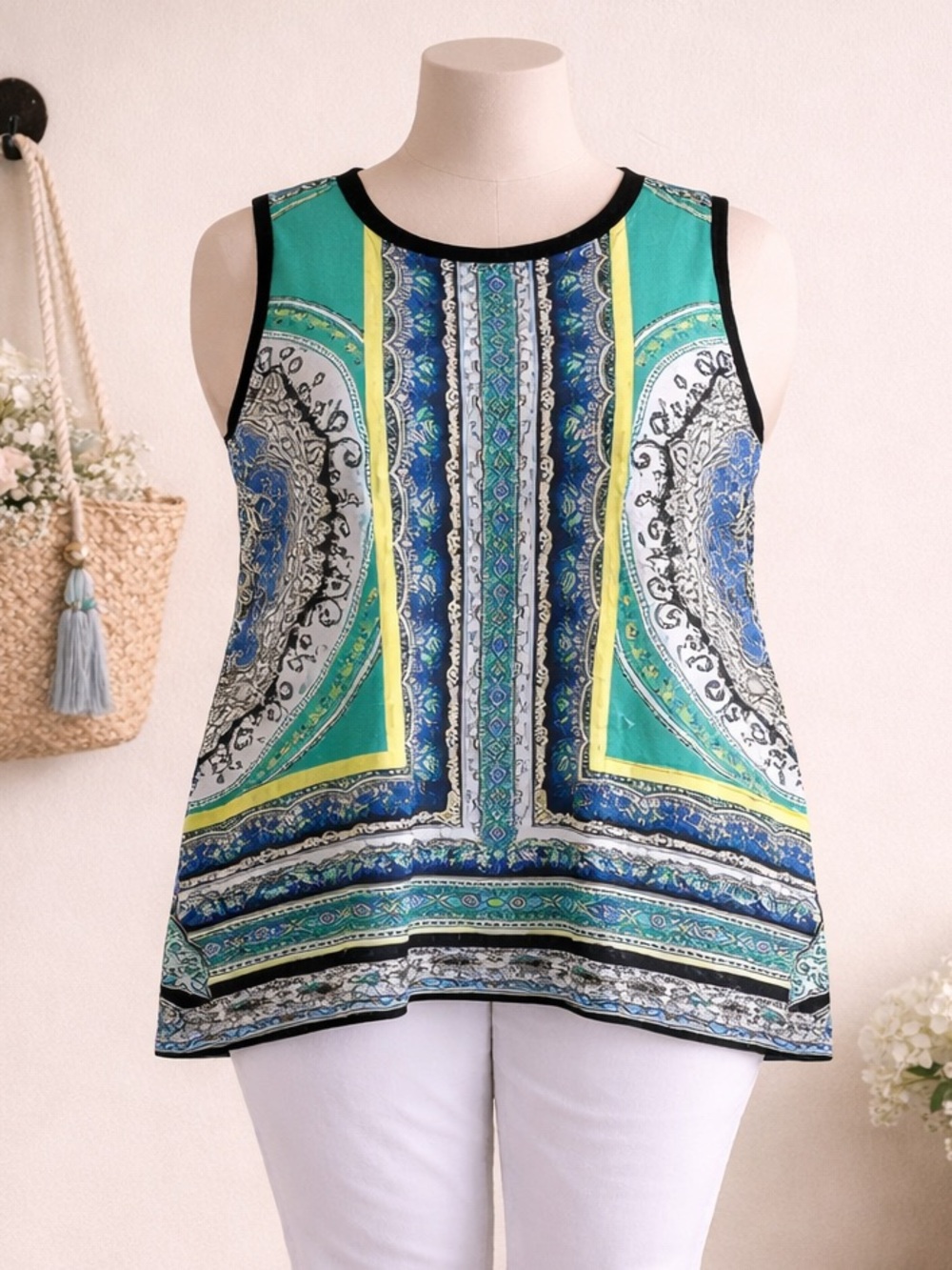 Alyx 2X Sleeveless Tunic Blouse Blue Green Print